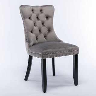 Lot De 2 Chaises Capitonnées En Velours Gris Avec Pieds En Bois Et Clous Décoratifs