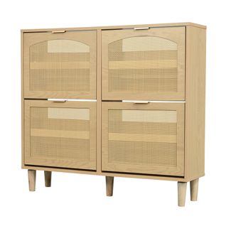 Meuble à Chaussures En Rotin Avec 4 Clapets, Design Chêne Naturel, 100x90x25 Cm