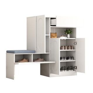 Meuble à Chaussures 2-en-1 Avec Banc, Portes Incurvées, Blanc, 130x35x110 Cm