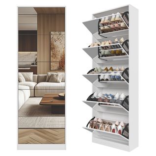 Meuble à Chaussures Miroir 5 Abattants, Rangement Double Niveau, 185 cm, Blanc
