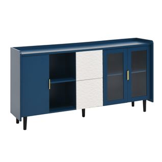 Buffet Moderne Bleu 140 Cm Avec 2 Tiroirs, 2 Portes Vitrées Et Étagères Ouvertes