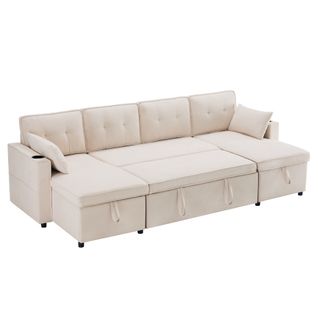 Canapé Lit En U Avec Rangements, Porte-gobelets Et Coussins s, Beige