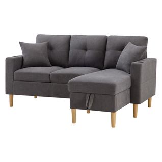 Canapé D’angle 3 Places Avec Méridienne, Coffres, Porte-gobelets Et Coussins, Gris Foncé