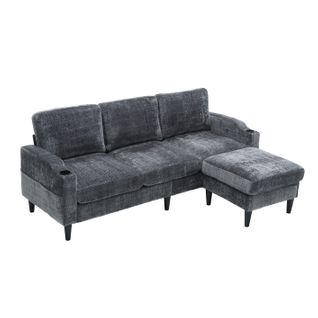 Canapé 4 Places En Velours Avec Pouf Coffre, Accoudoirs Avec Porte-gobelets Et Poches, Gris