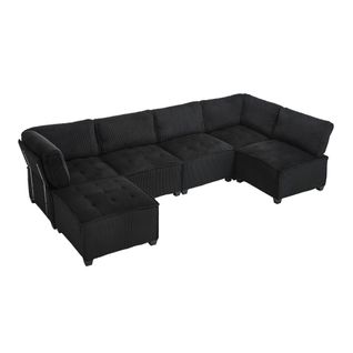 Canapé Modulaire 6 Places En Tissu Côtelé Noir, Forme U/l Ou Convertible, 308 Cm