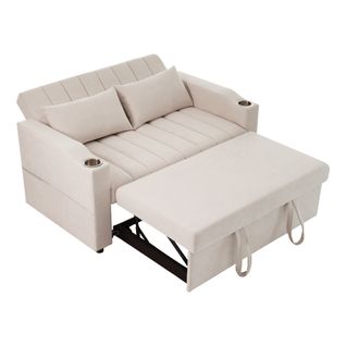 Canapé-lit Convertible 2 Places En Tissu Coton, Dossier Réglable 3 Positions, Beige