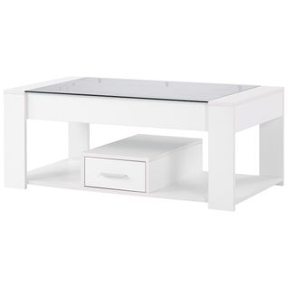 Table Basse Blanche Avec Plateau En Verre Et Rangements 100x50x40 Cm