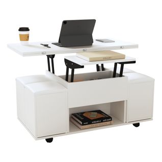 Table basse multifonction à plateau relevable 2-en-1 avec rangement, design moderne, blanc