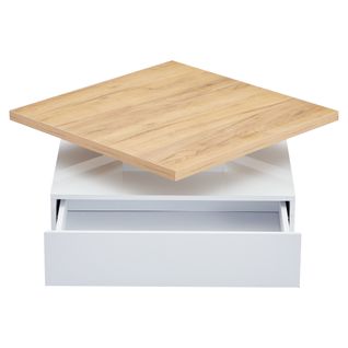 Table Basse Carrée Pivotante 360° Blanche Laquée Et Noyer, Avec Rangement, 70x70x36 Cm
