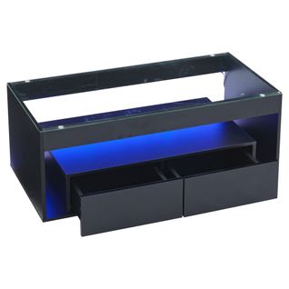 Table Basse Noire LED 16 Couleurs, 2 Tiroirs, Plateau Verre Trempé 100x50x40 Cm