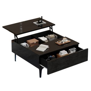 Table Basse Noire LED Multifonction, Plateau Relevable, Rangement Intégré 70x70x35 Cm