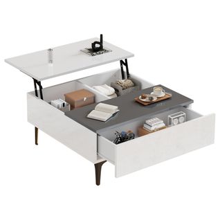 Table Basse Blanche LED Multifonction, Plateau Relevable, Rangement Intégré 70x70x35 Cm