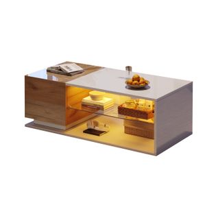 Table Basse LED Blanche 105x50x36 Cm, Haute Brillance Avec Rangements Et Verre Trempé