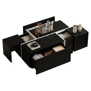 Table Basse Moderne Noire Et Blanche 100x60 Cm Avec 4 Tiroirs, Plateau Brillant