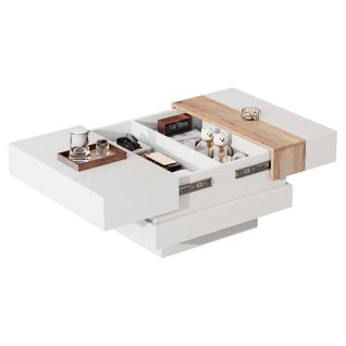 Table Basse Carrée 70x70 Cm Avec Plateau Coulissant Et Rangements Cachés, Blanc Brillant