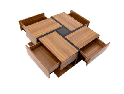 Table Basse Carrée 78x78 Cm Avec 4 Tiroirs, Design Artistique Noir Et Bois