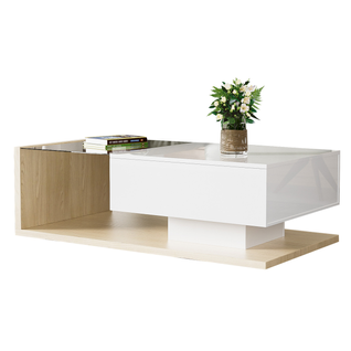 Table Basse Blanche Laquée Et Bois Avec Plateau Verre Trempé Et LED Multicolore