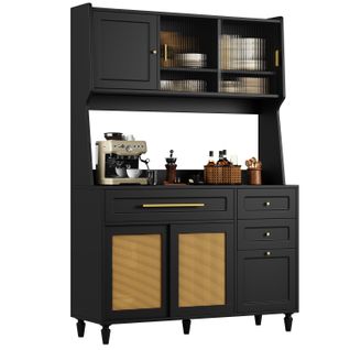 Buffet Haut Noir 120x45x195 Cm En Pe-rattan Avec LED Multicolore Et 3 Tiroirs