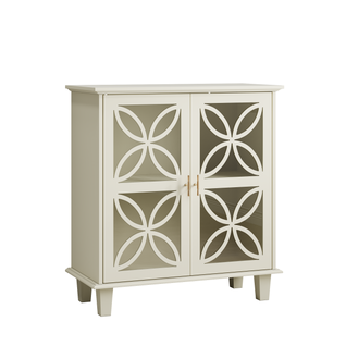 Buffet Rétro Crème Avec Portes En Verre Trempé Et Étagères Réglables