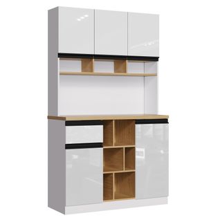 Buffet Moderne Blanc Laqué 105x45x185 Cm Avec Rangements Modulables Et Poignées Alu