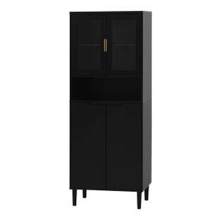 Buffet Haut Noir Avec Portes En Verre Trempé Et Étagères Réglables, 4 Portes, Mdf Laqué