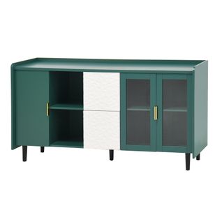 Buffet De Cuisine Vert 140 Cm Avec Portes Vitrées, Tiroirs Et Rangements Ouverts