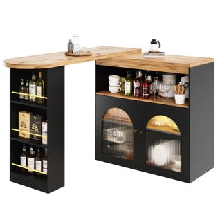 Table De Bar Extensible 138-193 Cm Avec LED, Étagères Et Rotation 360°, Noir Moderne