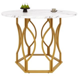Table Ronde 100x100x76 Cm Effet Marbre Mdf, Pieds Métalliques Dorés, Design Moderne