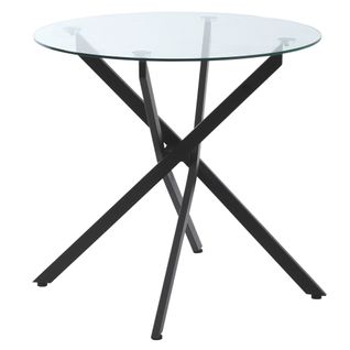 Table Ronde Noire En Verre Trempé Ø80 Cm, Style Moderne Avec Pieds Croisés En Métal