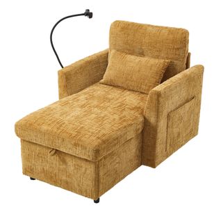 Fauteuil Paresseux Multifonctionnel Avec Dossier Rabattable, Tissu Chenille, Jaune Moutarde