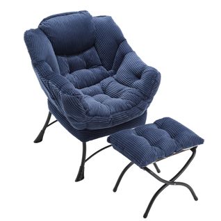 Fauteuil Lounge Paresseux Avec Repose-pieds, Accoudoirs Et Poche Latérale, Bleu Marine