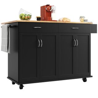 Îlot De Cuisine Multifonction Noir Avec Plateau Rabattable Et Rangements, 106×50×90,5 cm