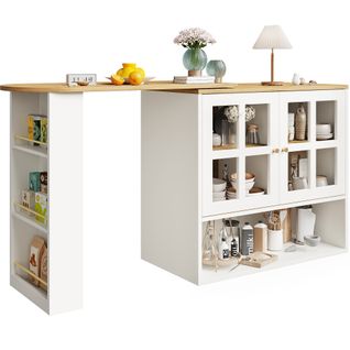 Buffet Rotatif 360° Extensible Avec Portes Vitrées Et Étagères Modulables, Blanc