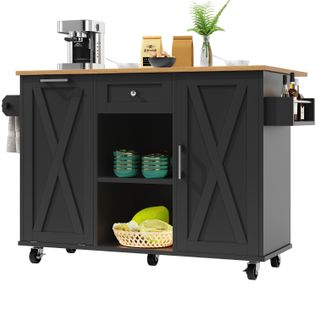 Desserte, Îlot De Cuisine Moderne Noir Avec Rangement Modulable Et Roulettes