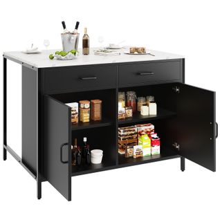 Îlot De Cuisine Noire Avec Plateau Effet Marbre, Rangement Et Pieds Réglables