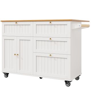 Îlot De Cuisine Moderne Avec Rangements Multifonctions, Design Bois, Blanc