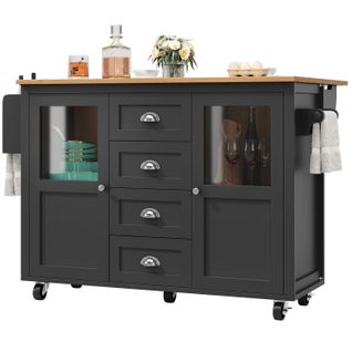 Îlot De Cuisine Moderne Avec Table Pliante, Rangements Multiples, Roulettes, Noir