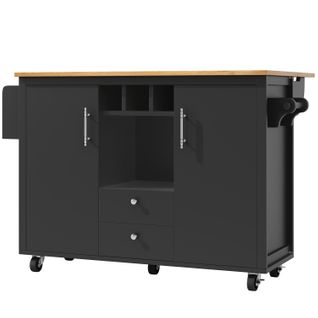 Îlot De Cuisine Multifonction Avec Table Pliante, Rangements, Roulettes, Noir