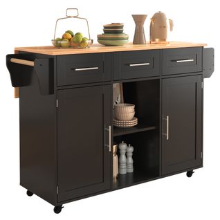 Îlot De Cuisine Extensible Avec Roues Et Pieds Fixes, 139x46(71)x91,5cm, Noir Et Bois