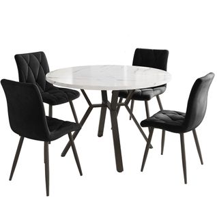 Table Ronde Effet Marbre Et 4 Chaises En Suédine Noire Moderne, Pieds En Métal Noir