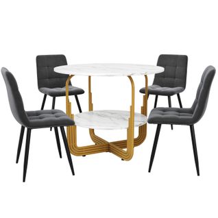Table Ronde Ø80 Cm Avec 4 Chaises En Velours Gris, Pieds Dorés, Set 5 Pièces