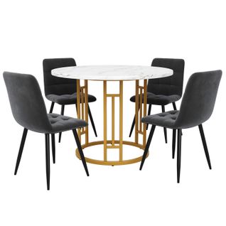 Ensemble Table Ronde Ø80 Cm Et 4 Chaises En Velours Gris, Pieds Dorés