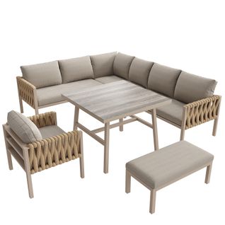 Salon De Jardin D’angle 6 Places En Corde Tressée Avec Table En Verre Et Cadre En Fer Galvanisé