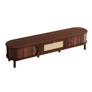 Meuble TV 170 Cm En Bois Massif Et Rotin, Portes Ajourées Naturelles