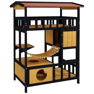 Maison En Bois Pour Chats Avec Plateforme Et Pont Suspendu, 4 Niveaux, Jaune