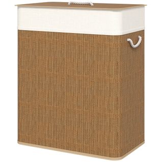 Panier à Linge En Bambou 100l Avec Couvercle, Sac Amovible Et Poignées Corde