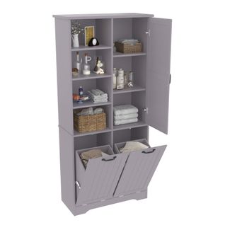 Armoire De Salle De Bain Grise 78x35x172 Cm Avec Double Panier à Linge