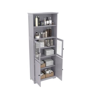 Meuble Colonne De Salle De Bain Gris 57,5x28,5x160 Cm Avec Portes Et Étagères Réglables