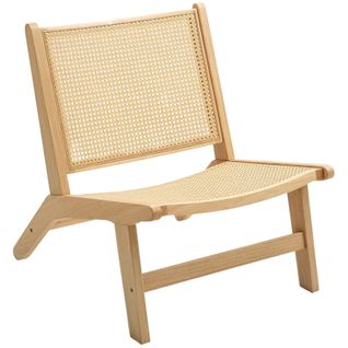 Fauteuil Sans Accoudoirs En Bois Naturel Avec Dossier En Rotin, Chaise De Lecture