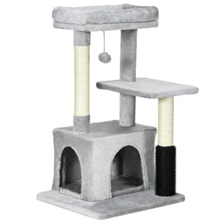 Arbre à Chat Multifonction Avec Niche, Litière Et Coussin Lavable, Gris Clair 48x48x85 Cm